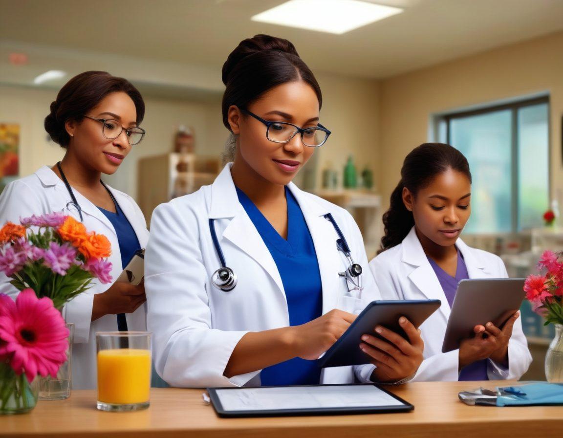 An inspiring scene depicting diverse women in healthcare, showcasing their determination and resilience. Include a doctor in a lab coat examining a patient, a nurse caring for a child, and an administrator evaluating plans on a tablet, all surrounded by symbols of victory like trophies and flowers. The background should feature uplifting quotes about women's achievements and healthcare. vibrant colors. super-realistic.