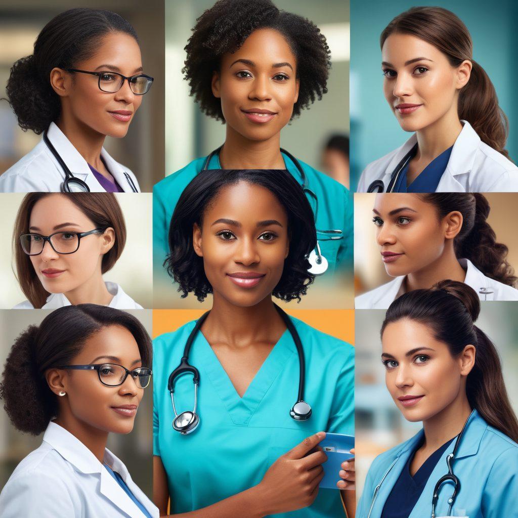 A collage showcasing diverse female physicians in dynamic action, providing care to patients, collaborating in medical research, and mentoring young women. The backdrop features a modern hospital and laboratory environment, symbolizing empowerment and professionalism. Include visual elements like stethoscopes, medical charts, and inspirational quotes overlaying the image, enhancing the theme of strength and resilience. super-realistic. vibrant colors. 3D.